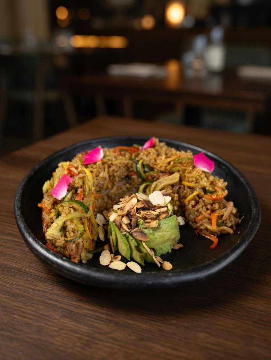 Arroz al Sartén con verduras, aguacate y almendras laminadas, plato del restaurante de Fuga