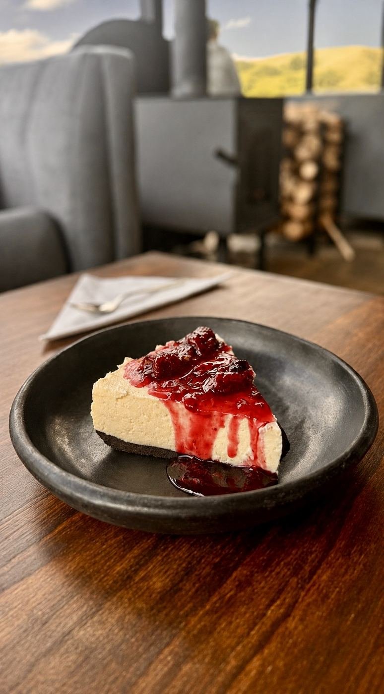 Cheesecake de temporada con jalea de frutos, postre del restaurante de Fuga