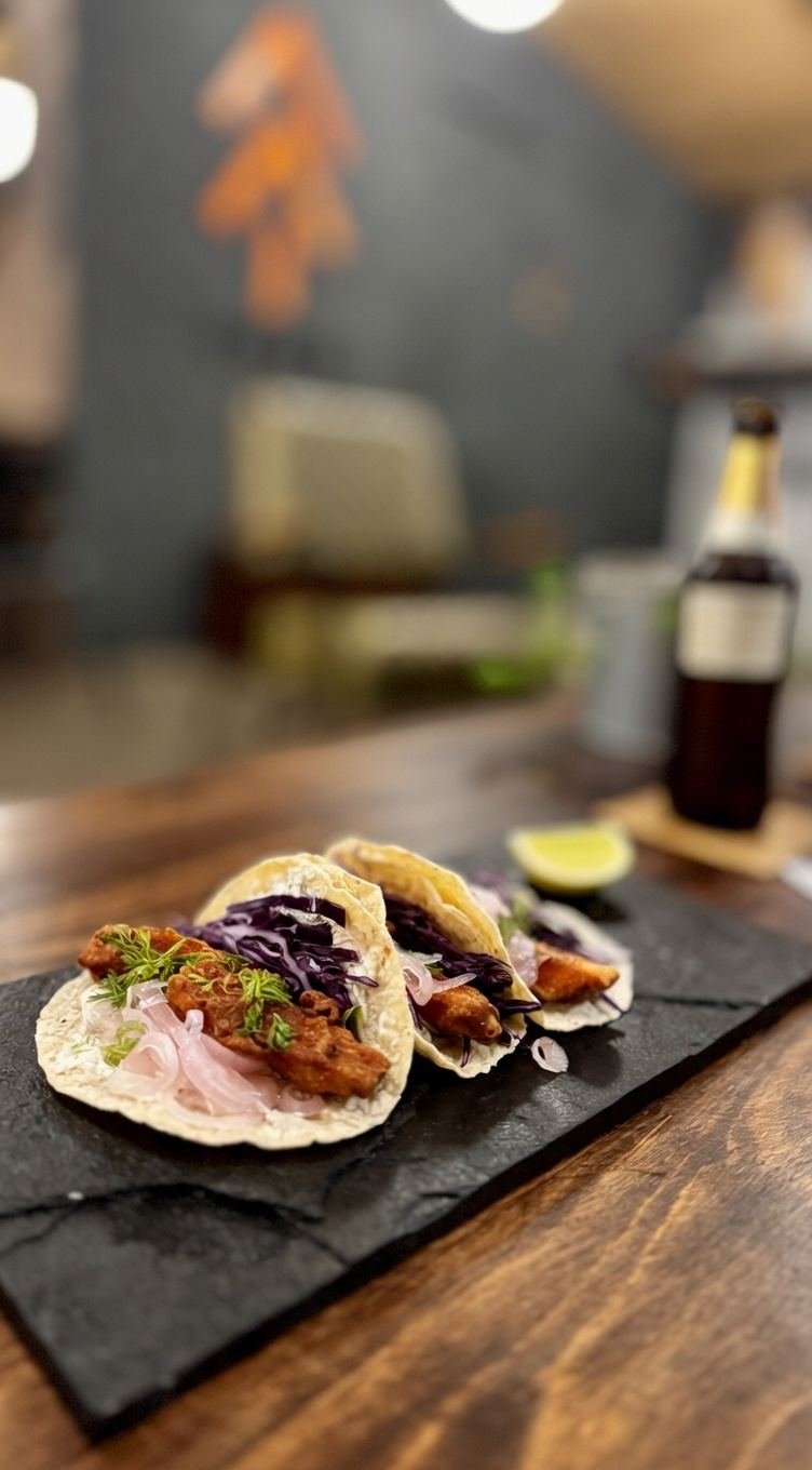 Tacos de Trucha rebozada con vegetales frescos del Neusa y limón, plato del restaurante de Fuga