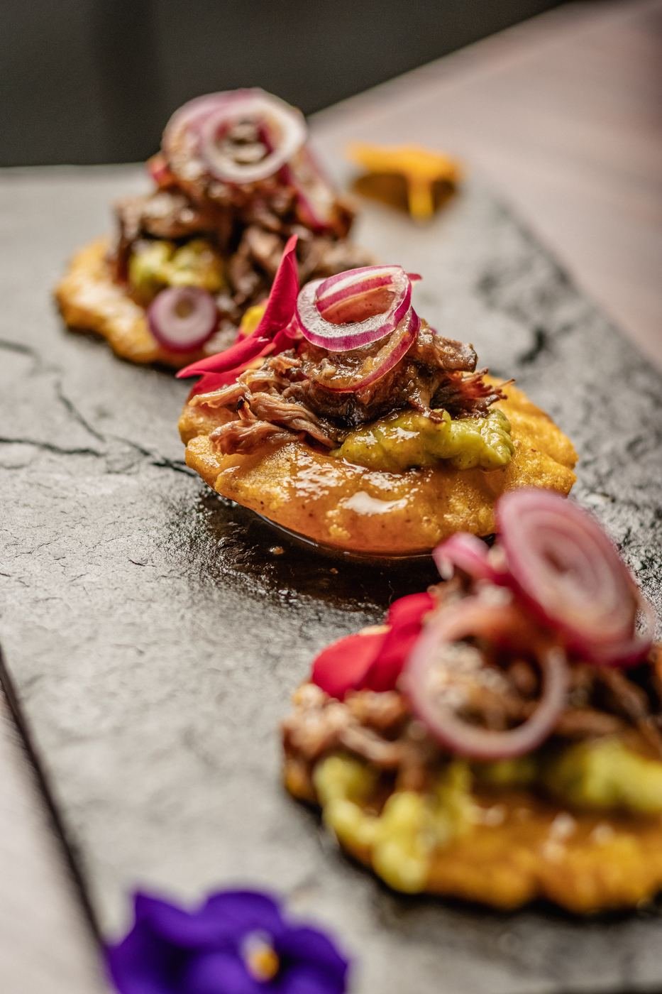 Tostada de Tira con tortilla, asado de tira, guacamole y cebolla encurtida, plato del restaurante de Fuga