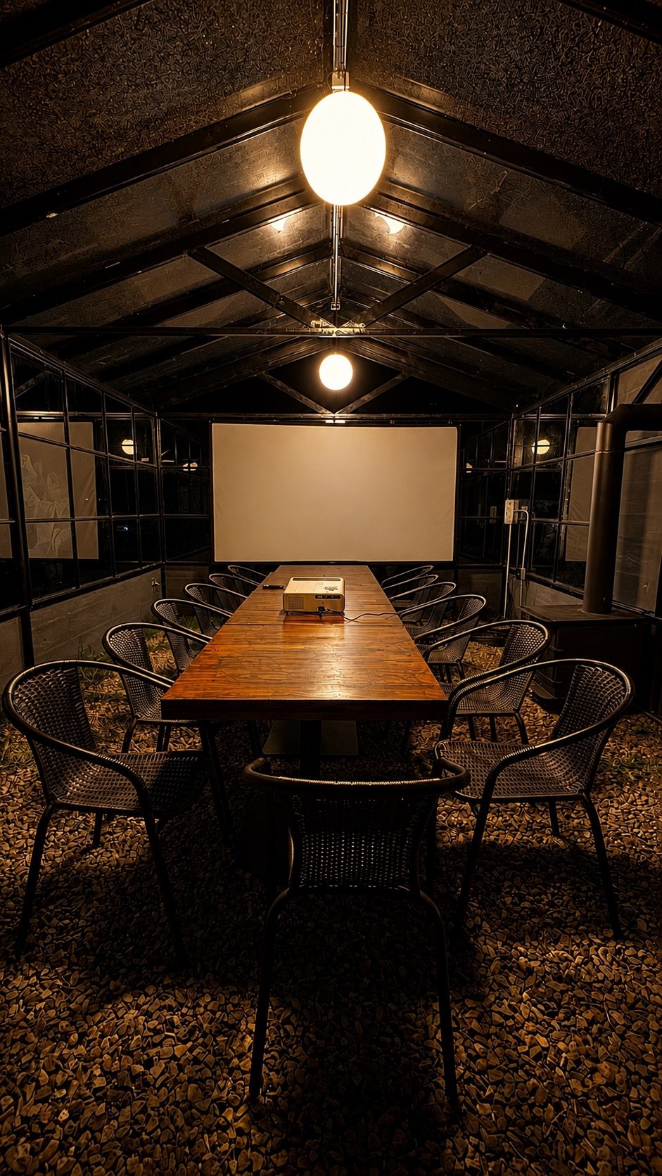 Invernadero de Fuga Hotel frente al Embalse del Neusa, montado como sala de reuniones con mesa larga y pantalla