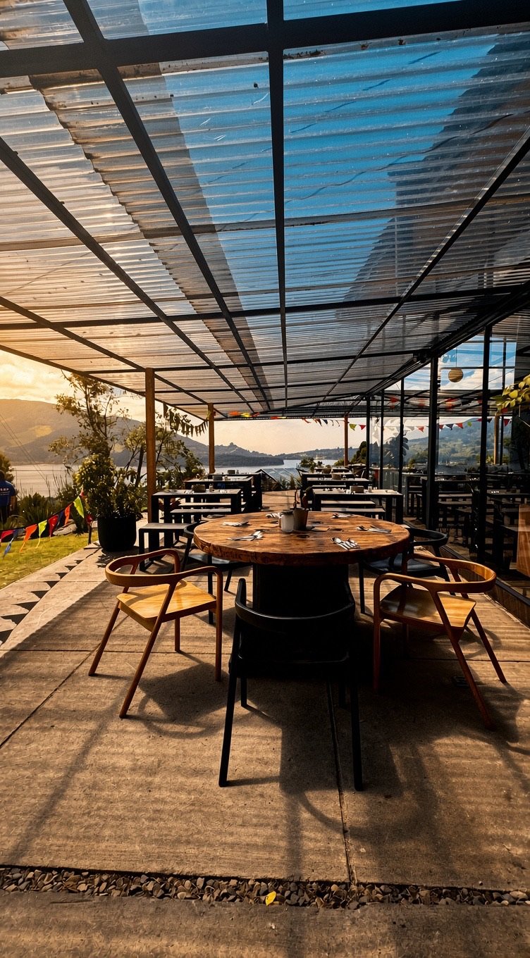 Terraza cubierta del restaurante de Fuga Hotel al atardecer, con vista al Embalse del Neusa