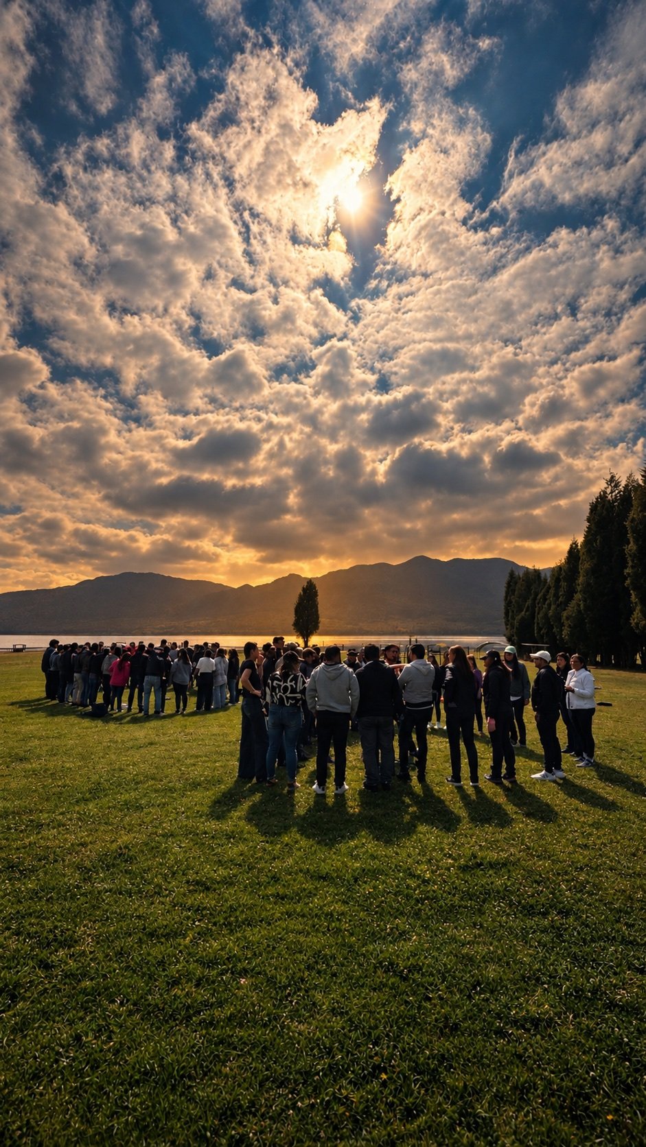 Grupo reunido en círculo sobre el pasto al atardecer, frente al Embalse del Neusa, en Fuga Hotel