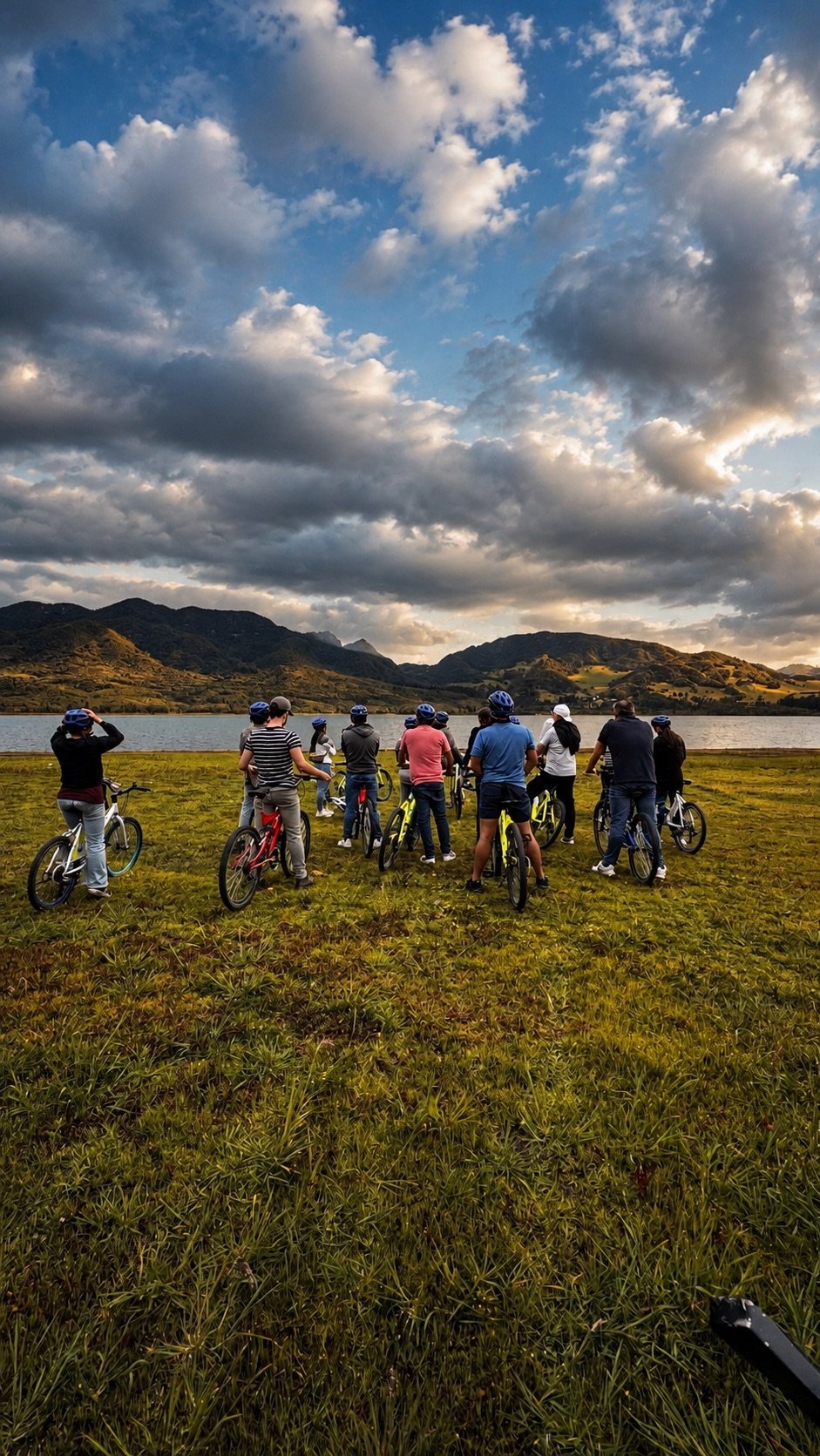 Grupo en bicicleta frente al Embalse del Neusa al atardecer, durante un retiro en Fuga Hotel