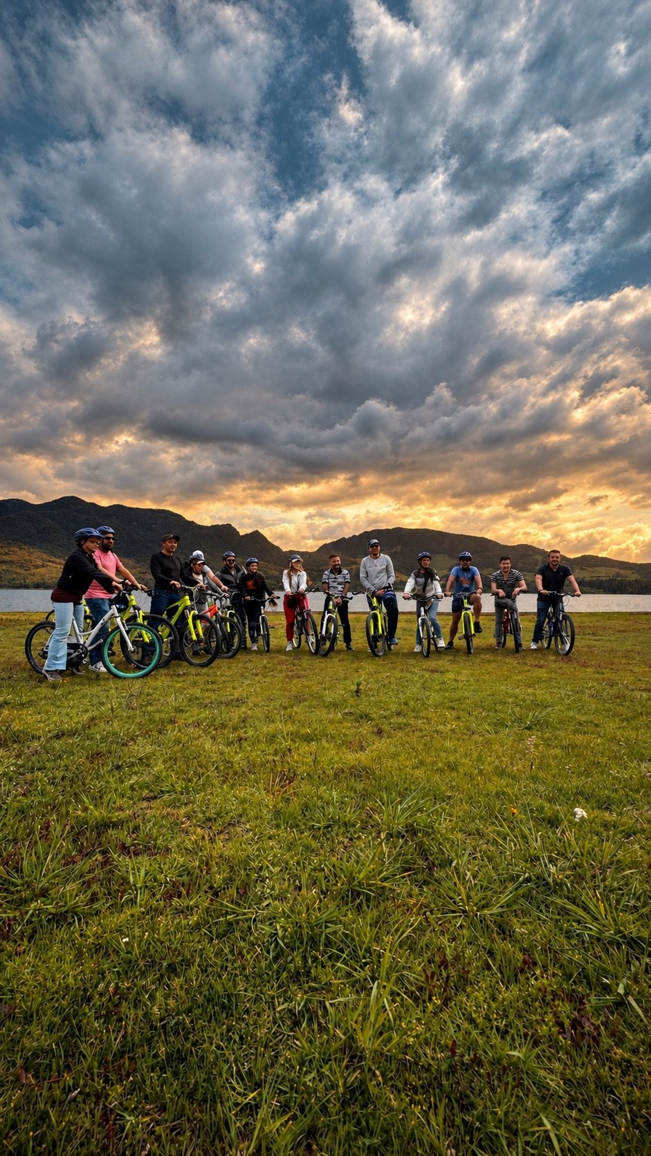 Grupo en bicicleta frente al Embalse del Neusa